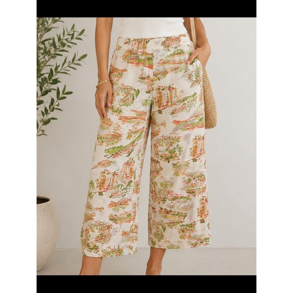 Cynthia Rowley 100% Linen Scenic Print Wide Leg Crop Pants Size Large Mediterran